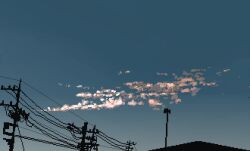 Rule 34 | alarm siren, blue sky, cloud, cloudy sky, from below, gradient sky, highres, hisachan55cute, no humans, original, pixel art, power lines, scenery, silhouette, simple background, sky, sunrise