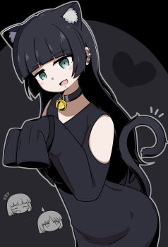 2cacap 3girls animal_ears bell black_choker black_dress black_hair blunt_bangs bocchi_the_rock! breasts cat_ears cat_tail chibi chibi_inset choker clothing_cutout collarbone commentary_request cowboy_shot dress ear_piercing face_piercing fang goth_fashion green_eyes head_only head_tilt heart highres hiroi_kikuri ijichi_seika kemonomimi_mode labret_piercing long_dress long_hair looking_at_viewer multicolored_hair multiple_girls neck_bell open_mouth outline pa-san paw_pose piercing shoulder_cutout skin_fang sleeves_past_fingers sleeves_past_wrists solo tail two-tone_hair white_background white_outline