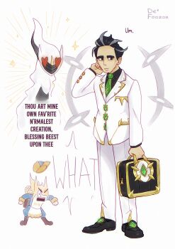 2boys alternate_costume arceus artist_name black_hair blonde_hair briefcase dirtyfox911911 gen_4_pokemon ginkgo_guild_uniform green_necktie heart heart_in_eye highres holding holding_briefcase larry_(pokemon) legendary_pokemon male_focus multiple_boys mythical_pokemon necktie nintendo pokemon pokemon_(creature) pokemon_legends:_arceus pokemon_masters_ex pokemon_sv symbol_in_eye volo_(pokemon)