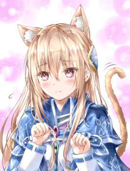 Rule 34 | 1girl, animal ear fluff, animal ears, ayaro (genkiloobaii), blonde hair, blue capelet, blush, brooch, capelet, cat ears, cat girl, cat tail, closed mouth, commentary request, extra ears, eyelashes, eyes visible through hair, flying sweatdrops, frown, hair between eyes, hands up, heaven burns red, highres, jewelry, kemonomimi mode, long hair, long sleeves, looking at viewer, motion lines, paw pose, pink background, pink eyes, shirakawa yuina, shirt, sidelocks, simple background, solo, sparkle, split mouth, tail, tail raised, very long hair, white shirt