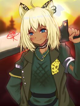 1girl animal_ears arknights blonde_hair blue_eyes cat_ears cat_girl choker collar commentary_request dark-skinned_female dark_skin highres holding holding_sword holding_weapon jacket jewelry leopard_ears leopard_girl morgan_(arknights) necklace shido_akira_(akr_sid48) solo sun sword upper_body weapon