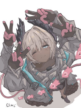 Rule 34 | 1girl, absurdres, arknights, bird girl, black feathers, black gloves, blush, cable, commentary, dark-skinned female, dark skin, extra arms, feather hair, feathers, flower, gloves, grey hair, hair flower, hair ornament, head wings, highres, jacket, kuramidomoyasi, looking at viewer, multicolored gloves, one eye closed, pink gloves, quadruple v, raidian (arknights), short hair, simple background, smile, solo, two-tone gloves, unusually open eyes, v, white background, wings