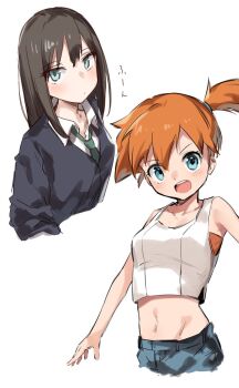 Rule 34 | 2girls, :d, aqua eyes, bare arms, bare shoulders, black cardigan, black hair, blue eyes, blush, breasts, brown hair, cardigan, closed mouth, collarbone, collared shirt, crop top, cropped torso, denim, green eyes, green necktie, hair between eyes, hair tie, hamita1220, idolmaster, idolmaster cinderella girls, idolmaster cinderella girls starlight stage, long hair, long sleeves, looking at viewer, medium breasts, midriff, misty (pokemon), multiple girls, navel, necktie, nintendo, open mouth, orange hair, pokemon, pokemon lgpe, pokemon rgby, ponytail, round teeth, school uniform, shibuya rin, shirt, short hair, short shorts, shorts, side ponytail, simple background, sleeveless, sleeveless shirt, smile, straight hair, tank top, teeth, upper body, upper teeth only, v-shaped eyebrows, white background, white shirt, wing collar
