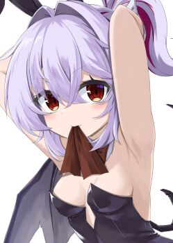 1girl adjusting_hair akisome_hatsuka alternate_hairstyle animal_ears armpits arms_behind_head bat_wings black_leotard blush breasts commentary_request crossed_bangs fake_animal_ears fang hair_intakes leotard mouth_hold multicolored_hair playboy_bunny ponytail presenting_armpit purple_hair rabbit_ears red_eyes red_ribbon red_streaks remilia_scarlet ribbon ribbon_in_mouth short_hair sidelocks skin_fang small_breasts solo strapless strapless_leotard touhou two-tone_hair wings wrist_cuffs