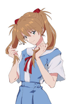 Rule 34 | 1girl, alternate hairstyle, blue eyes, blush, breasts, brown hair, highres, looking at viewer, neon genesis evangelion, school uniform, skirt, smile, solo, souryuu asuka langley, standing, suspender skirt, suspenders, tokyo-3 middle school uniform, twintails, unihotate0329, white background, wide hips