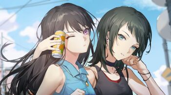 Rule 34 | 2girls, aqua shirt, arm around neck, bang dream!, bang dream! it's mygo!!!!!, black choker, black hair, black tank top, blurry, blurry background, brown hair, can, chinese commentary, choker, collared shirt, commentary request, commission, day, drink can, earrings, green eyes, hand on own cheek, hand on own face, highres, holding, holding can, jewelry, long hair, looking ahead, medium hair, mole, mole under eye, multiple girls, necklace, one eye closed, purple eyes, second-party source, shiina taki, shirt, sleeveless, sleeveless shirt, soda can, tank top, upper body, watermark, weibo watermark, yahata umiri, yannn