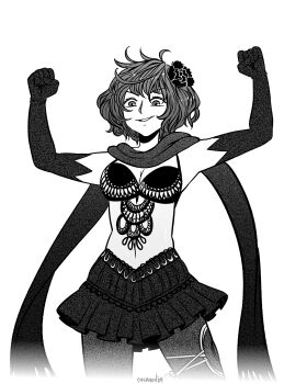 absurdres arms_up bra chekhov clenched_hands detached_sleeves drag-on_dragoon drag-on_dragoon_3 flexing flower hair_flower hair_ornament highres monochrome navel non-web_source scarf short_hair signature skirt smile square_enix two_(drag-on_dragoon) underwear