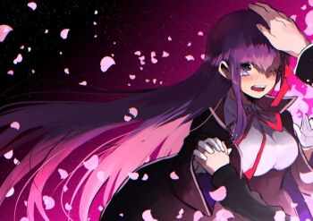 1girl bb_(fate) blush breasts cherry_blossoms commentary_request fate/grand_order fate_(series) hand_on_another's_head holding_hands large_breasts long_hair long_sleeves looking_at_viewer one_eye_closed open_mouth ou_syoku7 out_of_frame purple_eyes purple_hair red_ribbon ribbon shirt very_long_hair white_shirt