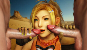 clothed_female_nude_male double_handjob final_fantasy final_fantasy_x handjob nude rikku_(ff10)