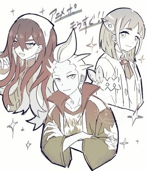 Rule 34 | 1boy, 2girls, :d, cardigan, carmine (pokemon), closed mouth, crossed arms, crossed bangs, drayton (pokemon), eyelashes, hair between eyes, hair ornament, hairband, hairclip, highres, jacket, knoerakgk31, lacey (pokemon), long hair, long sleeves, looking at viewer, mole, mole under eye, multiple girls, nintendo, open cardigan, open clothes, open jacket, open mouth, pokemon, pokemon sv, shirt, short hair, smile