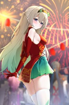 1girl absurdres aerial_fireworks black_hairband blurry blurry_background blush breasts china_dress chinese_clothes closed_mouth commentary_request dress elbow_gloves firefly_(honkai:_star_rail) fireworks from_behind gloves gradient_hair green_hair green_skirt grey_hair hair_between_eyes hair_ornament hairband highres honkai:_star_rail honkai_(series) long_hair looking_at_viewer looking_back medium_breasts multicolored_hair new_year no_bra pleated_skirt red_gloves sideboob skirt smile solo thick_thighs thighhighs thighs white_thighhighs zerotwenty_(020)