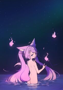 1girl \n/ absurdres ahoge animal_ear_fluff animal_ears ass blue_eyes bow closed_mouth commentary_request completely_nude electromocha fox_ears fox_girl fox_tail from_behind hair_bow hair_ribbon hands_up heterochromia highres hitodama horizon korean_commentary long_hair looking_back median_furrow multicolored_hair night night_sky nude ocean outdoors raised_inner_eyebrows ribbon shoulder_blades sky solo star_(sky) starry_sky stellive streaked_hair tail tenko_shibuki turning_head twintails variant_set very_long_hair virtual_youtuber wading water