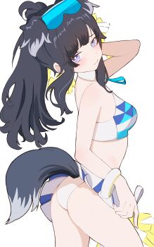 1girl absurdres animal_ears ass binware black_hair blue_archive blush breasts bright_pupils collar commentary_request detached_collar dog_ears dog_girl dog_tail hibiki_(blue_archive) hibiki_(cheer_squad)_(blue_archive) highres holding holding_pom_poms long_hair looking_at_viewer millennium_cheerleader_outfit_(blue_archive) pom_pom_(cheerleading) pom_poms purple_eyes solo tail white_collar white_pupils