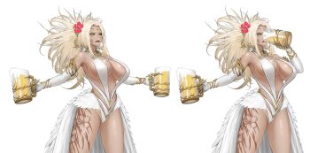 1girl beer_mug blonde_hair breasts cowboy_shot curvy dark-skinned_female dark_skin drink drinking elbow_gloves eyelashes facial_tattoo gloves highleg highleg_leotard holding holding_drink igawa_hakuou large_breasts leg_tattoo leotard lilith-soft long_hair misawa_kei mug multicolored_hair multiple_views outstretched_arms ponytail revealing_clothes simple_background smile solo taimanin_(series) taimanin_rpgx tattoo transparent_background two-tone_hair wide_hips