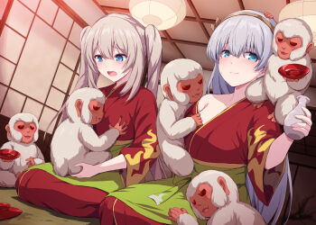 2girls absurdres anastasia_(fate) blue_eyes blush breasts fate/grand_order fate_(series) grabbing_another's_breast groping hairband has_bad_revision has_downscaled_revision highres huge_filesize japanese_clothes kimono large_breasts long_hair marie_antoinette_(fate) marugoshi_(54burger) md5_mismatch medium_breasts monkey multiple_girls open_mouth resolution_mismatch silver_hair source_smaller trait_connection twintails very_long_hair