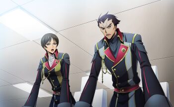 1boy 1girl architecture artist_request breasts brown_eyes brown_hair buttons chiba_nagisa closed_mouth code_geass code_geass:_lost_stories game_cg gloves grey_eyes highres indoors jacket long_sleeves looking_at_viewer medium_breasts military_uniform non-web_source official_art pocket short_hair sidelocks standing toudou_kyoushirou