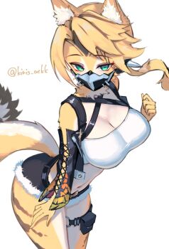 1girl aimo_wotku animal_ears artist_name black_mask black_shorts black_sleeves blonde_hair breasts cat_ears cat_girl cat_tail cleavage commentary_request cowboy_shot crop_top cross-laced_clothes cross-laced_sleeves detached_sleeves furry furry_female green_eyes highres large_breasts leaning_forward mask midriff mouth_mask navel pulchra_fellini short_shorts shorts simple_background solo tail thigh_strap twitter_username white_background yellow_fur zenless_zone_zero