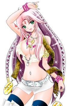 Rule 34 | 1girl, arm tattoo, arm up, armlet, belt, belt buckle, blue nails, blue thighhighs, bracelet, breasts, buckle, cleavage, commentary request, cowboy shot, crop top, facial mark, forehead mark, glint, gold armlet, gold ring, green eyes, groin, hair ornament, hair tubes, hazuki izuna, head tilt, jewelry, large breasts, long hair, looking at viewer, microskirt, multicolored hair, multiple bracelets, multiple rings, nail polish, navel, navel piercing, necklace, official art, okano takeshi, open mouth, pearl bracelet, piercing, pink hair, purple hair, reibaishi izuna, ring, shirt, simple background, skirt, sleeveless, sleeveless shirt, smile, solo, standing, stole, stomach, tattoo, thighhighs, thighs, two-tone hair, very long hair, white background, white belt, white shirt, x hair ornament, zipper, zipper pull tab