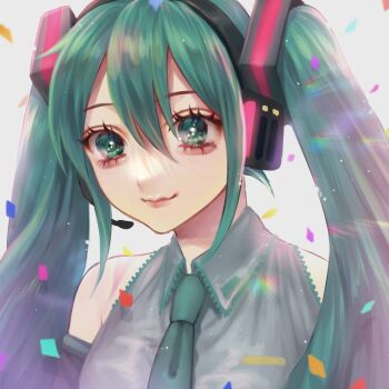1girl aegyo_sal aqua_eyes aqua_hair aqua_necktie bare_shoulders black_sleeves confetti detached_sleeves dot_nose eyelashes grey_shirt hair_between_eyes hair_ornament hanjuku_otome hatsune_miku headphones headset long_hair necktie shirt sidelocks simple_background sleeveless sleeveless_shirt smile solo twintails upper_body very_long_hair vocaloid wavy_mouth