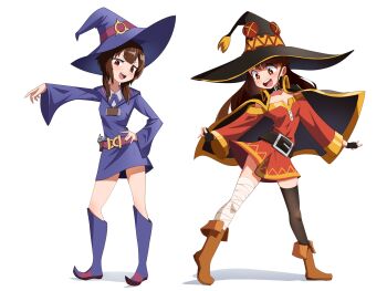 Rule 34 | 2girls, absurdres, bandaged leg, bandages, belt, blue eyes, boots, brown hair, brown thighhighs, cape, cosplay, costume switch, dress, fingerless gloves, gloves, hat, highres, kagari atsuko, kagari atsuko (cosplay), konorama svu, little witch academia, long hair, long sleeves, looking at viewer, luna nova school uniform, megumin, megumin (cosplay), multiple girls, red dress, school uniform, short hair, single thighhigh, smile, thighhighs, witch hat