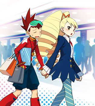 1boy 1girl bad_id bad_twitter_id bag blonde_hair blue_dress blue_pantyhose blush boots bow brown_hair closed_eyes dress drill_hair eyewear_on_head geo_stelar_(mega_man) hair_bow highres holding_hands long_hair luna_platz_(mega_man) mega_man_(series) mega_man_star_force_(series) okkuu_(oexistcm) pantyhose red_boots shopping_bag striped_clothes striped_pantyhose twin_drills very_long_hair
