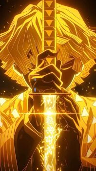 1boy agatsuma_zenitsu blonde_hair closing_eyes glowing highres holding holding_sword holding_weapon katana kimetsu_no_yaiba sword weapon