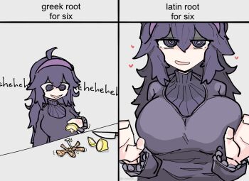 1girl 2koma @_@ ahoge alternate_breast_size_(larger) black_hair black_sweater blush border breasts comic english_text etymology female_focus food frilled_sleeves frills fruit hair_between_eyes hairband heart heart-shaped_pupils hex_maniac_(pokemon) hex_maniac_(pokemon_xy) holding holding_food jitome kitchen_knife knife large_breasts laughing lemon lemon_slice long_hair long_sleeves looking_at_food looking_at_object looking_at_viewer messy_hair multiple_views nail naughty_face nintendo open_mouth pokemon pokemon_xy pov purple_eyes purple_hair purple_hairband reaching reaching_towards_viewer red_hairband ribbed_sweater ritual simple_background smile solo sound_effects standing sweater symbol-shaped_pupils table tareme tunaplus_c turtleneck turtleneck_sweater upper_body voodoo_doll white_background