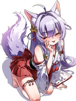 1girl ;p absurdres ahoge animal_ears barefoot commentary_request fox_ears fox_girl fox_tail hair_rings highres korean_commentary kosode long_hair mino1se one_eye_closed purple_hair purple_tail simple_background solo stellive tail tenko_shibuki tongue tongue_out two-tone_tail virtual_youtuber white_background yellow_eyes