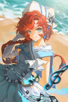 1girl absurdres arm_behind_back barcarola_(reverse:1999) beach blue_eyes blue_shirt blue_skirt dixie_cup_hat eighth_note elbow_gloves gloves hand_up hat highres long_braid looking_at_viewer lu_qingye_rayen military_hat musical_note musical_note_print ocean print_skirt red_hair reverse:1999 sailor_collar sand shirt single_elbow_glove skirt sleeveless sleeveless_shirt solo treble_clef upper_body white_gloves white_hat