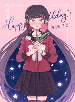 1girl blunt_bangs brown_hair commentary_request danganronpa_(series) danganronpa_v3:_killing_harmony dated flower hair_ornament hair_scrunchie happy_birthday harukawa_maki highres holding holding_flower long_hair long_sleeves looking_at_viewer low_twintails mole mole_under_eye pink_background pleated_skirt red_eyes red_scrunchie red_shirt red_thighhighs sailor_collar school_uniform scrunchie shirt skirt smile solo thighhighs to_mato_(tmt_takusan) twintails