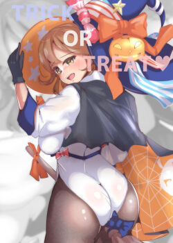 1girl ass black_cape black_gloves black_pantyhose blue_hat broom broom_riding brown_eyes brown_hair candy_hat_ornament cape commentary_request cowboy_shot gloves halloween_costume hat highleg highleg_leotard highres jack-o&#039;-lantern_hat_ornament jack-o&#039;-lantern_print kantai_collection leotard no_count_0000 orange_cape pantyhose richard_p._leary_(halloween)_(kancolle) richard_p._leary_(kancolle) richard_p._leary_kai_(kancolle) short_hair sleeved_leotard solo spider_web_print trick_or_treat two-sided_cape two-sided_fabric two-sided_headwear two-tone_cape white_leotard
