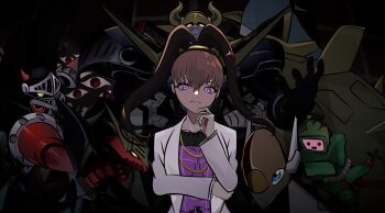 Rule 34 | absurdres, amano nene (digimon xros wars), darkknightmon, deadlyaxemon, digimon, digimon xros wars, hair ornament, hairclip, highres, long hair, looking at viewer, monimon, monitamon, ninja, ponytail, shademon, skullknightmon, sparrowmon, split ponytail