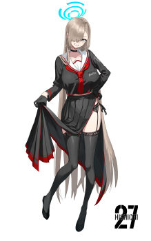 Rule 34 | 1girl, absurdres, artist name, asuna (blue archive), black choker, black footwear, black pantyhose, black serafuku, black skirt, blue archive, blue eyes, blue halo, breasts, brown hair, choker, clothes lift, collarbone, commentary request, cosplay, full body, garter belt, gloves, grin, hair over one eye, half gloves, halo, hand on own hip, hasumi (blue archive), hasumi (blue archive) (cosplay), high heels, highres, large breasts, long hair, long skirt, long sleeves, looking at viewer, neckerchief, nishichi, one eye covered, pantyhose, pleated skirt, red neckerchief, school uniform, serafuku, simple background, skirt, skirt lift, smile, solo, standing, very long hair, white background