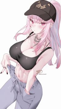 1girl absurdres armpit_crease bare_arms baseball_cap black_hat black_nails black_sports_bra blunt_bangs breasts chain chain_necklace cleavage grey_pants hand_in_pocket hat highres hololive hololive_english jewelry kamiya_maneki large_breasts long_hair looking_at_viewer midriff mori_calliope nail_polish navel necklace pants pink_eyes pink_hair ponytail ring sidelocks simple_background solo spiked_ear_piercing sports_bra straight_hair sweatpants toned toned_female virtual_youtuber white_background