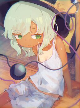 1girl alternate_costume black_hat bloomers bow breasts camisole cleavage commentary_request eyeball green_eyes green_hair hat hat_bow highres komeiji_koishi long_hair open_mouth sitting small_breasts solo tan tanline third_eye toroid_(621997) touhou underwear white_bloomers white_camisole yellow_bow