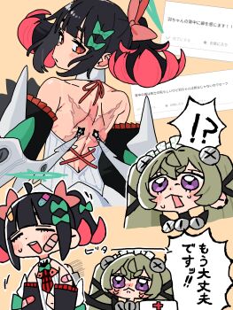 !? 2girls :< absurdres andii_(anzai_teachco) back bandaid bandaid_on_arm bandaid_on_face bare_shoulders black_hair black_sleeves blush bow bowtie brown_background checkered_necktie closed_eyes clothing_cutout colored_inner_hair commentary_request corin_wickes detached_sleeves dress earclip green_bow green_bowtie green_hair green_halo hair_bow halo highres long_hair looking_back maid_headdress motion_lines multicolored_hair multiple_girls multiple_hair_bows multiple_views nangong_yu navel navel_cutout necktie open_mouth pink_bow purple_eyes red_eyes red_necktie scar scar_on_back screw_hair_ornament short_twintails shoulder_blades speech_bubble spoken_interrobang sweat translation_request twintails white_dress zenless_zone_zero