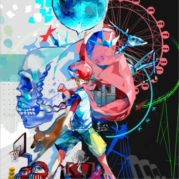 1boy animal_skeleton animal_skull arm_up basketball_hoop cat classicaloid daruma_doll deer deer_skull ferris_wheel jacket_around_neck jellyfish male_focus moon origami paper_crane shirt shorts skull utility_pole white_shirt white_shorts wolfgang_amadeus_mozart_(classicaloid) yuneo_(s444k978)