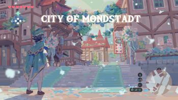 1boy black_hair blue_hair brown_footwear cape commentary dandelion_seed day english_commentary flower fortisselle gameplay_mechanics genshin_impact green_cape green_hat hat health_bar highres long_sleeves male_focus minimap multicolored_hair nintendo parody solo stairs standing the_legend_of_zelda the_legend_of_zelda:_breath_of_the_wild time town venti_(genshin_impact) white_flower