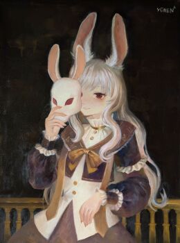 1girl against_railing alternate_costume animal_ears animal_print artist_name black_background black_skirt black_sleeves bow buttons closed_mouth commentary english_commentary grey_hair hand_up highres holding holding_mask long_hair looking_at_viewer mask oil_painting_(medium) painting_(medium) rabbit_ears rabbit_girl rabbit_mask rabbit_print railing red_eyes reisen_udongein_inaba shirt skirt solo touhou traditional_media white_shirt yellow_bow yuuren_kyouko