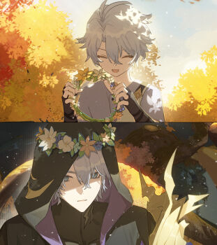 Rule 34 | 2boys, age comparison, antenna hair, armor, bags under eyes, black cloak, black gloves, black shirt, blue eyes, chinese commentary, cloak, commentary request, fingerless gloves, flame reaver of the deepest dark, flower wreath, gloves, grey shirt, highres, honkai: star rail, honkai (series), hood, hood up, hooded cloak, male focus, multiple boys, no mask, parted bangs, pauldrons, phainon (a dream scented in wheat) (honkai: star rail), phainon (honkai: star rail), shirt, short hair, shoulder armor, single pauldron, white hair, yiyiyiyi670