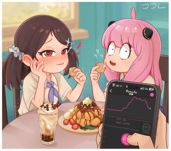 1other 2024 2girls anya_(spy_x_family) becky_blackbell blush brown_hair cellphone dessert food fruit hairpods heart heart-shaped_pupils hetero highres ice_cream loli long_hair looking_at_viewer multiple_girls oscarlllll overalls phone pink_hair remote_control_vibrator sex_toy shirt short_twintails sitting smile spy_x_family strawberry sweat sweatdrop symbol-shaped_pupils trembling twintails vibrator