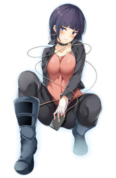 10s 1girl absurdres bad_id bad_pixiv_id black_pantyhose blue_eyes blush boku_no_hero_academia boots breasts choker collarbone female_focus fingerless_gloves gloves highres impossible_clothes jacket jiro_kyoka lips long_sleeves looking_at_viewer medium_breasts pantyhose plug purple_hair shirt short_hair smile solo squatting suigetsu_(hjs1106) torn_clothes torn_shirt white_gloves