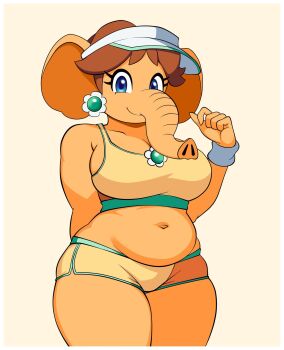 1girl animal_ears blue_eyes blush breasts brown_hair commentary commission cowboy_shot dolphin_shorts earrings elephant_daisy elephant_ears elephant_girl english_commentary flower_earrings furry furry_female highres jewelry long_hair looking_at_viewer mario_(series) mario_kart mario_kart_world mcarthur1010 midriff navel nintendo princess princess_daisy princess_daisy_(swimwear)_(mario_kart_world) second-party_source shorts simple_background smile solo sports_bra super_mario_bros._wonder visor_cap yellow_shorts yellow_sports_bra