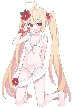 1girl ahoge artist_request bikini blonde_hair elf flower hair_bobbles hair_flower hair_ornament highres holding huge_ahoge open_mouth original pointy_ears red_eyes red_flower second-party_source simple_background solo swimsuit twintails twintails_elf_nun_(sugarnut) white_background