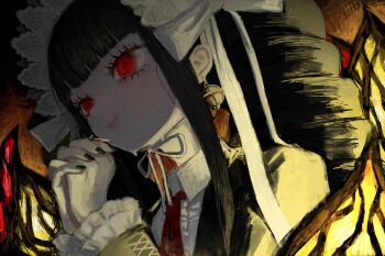 1girl backlighting black_hair black_nails bow_hairband celestia_ludenberg commentary_request danganronpa:_trigger_happy_havoc danganronpa_(series) earrings eyelashes hairband highres jewelry lolita_hairband nail_polish necktie own_hands_clasped own_hands_together red_eyes red_necktie sanagi_uka smile solo sweat twintails upper_body white_hairband