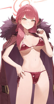 1girl absurdres aru_(blue_archive) bikini blue_archive breasts brown_horns chiisamekai coat coat_on_shoulders commentary_request demon_horns fur-trimmed_coat fur_trim halo highres horns long_hair looking_at_viewer medium_breasts orange_eyes red_bikini red_hair red_halo side-tie_bikini_bottom simple_background solo standing swimsuit white_background