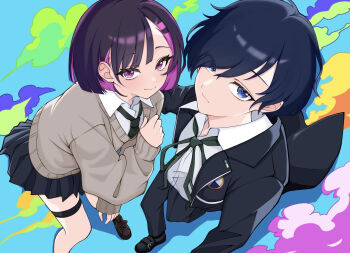 Rule 34 | 1boy, 1girl, black hair, black jacket, black necktie, black pants, black shoes, black skirt, blue eyes, closed mouth, collared shirt, colored inner hair, commentary request, crossover, eyes visible through hair, from above, green ribbon, grey sweater, hair over one eye, highres, inami (x spidekawaii x), jacket, miniskirt, multicolored hair, neck ribbon, necktie, nira-chan, open clothes, open jacket, pants, persona, persona 3, persona 3 reload, pink eyes, pink hair, ribbon, school uniform, shirt, shoes, short hair, skirt, smile, sweater, thigh strap, white shirt, yuuki makoto (persona 3), zutto mayonaka de ii no ni