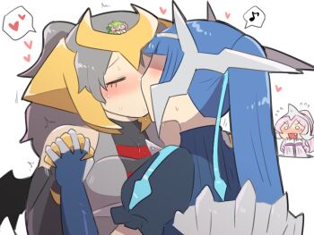 1boy 3girls blue_hair blush blush_stickers cartier_(kasugai_(de-tteiu)) closed_eyes commentary dialga elbow_gloves eve_(kasugai_(de-tteiu)) fake_horns flying_sweatdrops gen_4_pokemon giratina giratina_(altered) gloves green_hair grey_hair heart high_ponytail holding_hands horned_headwear horns incest kasugai_(de-tteiu) kiss legendary_pokemon maiden_(kasugai_(de-tteiu)) mini_person minigirl multiple_girls musical_note mythical_pokemon nasya_(kasugai_(de-tteiu)) nintendo nose_blush on_head palkia person_on_head personification pink_hair pokemon ponytail saliva shaymin shaymin_(land) spoken_heart spoken_musical_note sweat sweatdrop yuri