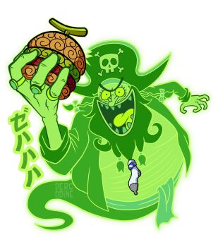 1boy artist_name beard beard_bow bow cosplay devil_fruit facial_hair fat fat_man full_body ghost ghost_tail grey_background hat headscarf highres holding jewelry jolly_roger long_nose long_sleeves male_focus marshall_d._teach multiple_rings obese one_piece open_clothes open_mouth open_shirt percodine pirate pirate_hat ring simple_background skull_and_crossbones smile spongebob_squarepants_(series) the_flying_dutchman_(spongebob) the_flying_dutchman_(spongebob)_(cosplay) tongue unibrow v-shaped_eyebrows