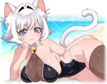 1girl :3 absurdres animal_ear_fluff animal_ears bare_arms bare_shoulders beach bell black_one-piece_swimsuit blue_eyes blush breasts cat_ears cat_girl cat_tail choker cleavage commentary day elbow_rest english_commentary erigo hair_intakes hand_on_own_hip heart heart_in_eye highres huge_breasts jingle_bell kimi_no_koto_ga_dai_dai_dai_dai_daisuki_na_100-nin_no_kanojo looking_at_viewer lying mixed-language_commentary monokini neck_bell nekonari_tama on_side one-piece_swimsuit outdoors seductive_smile short_hair single_thighhigh skindentation smile solo sparkle swimsuit symbol_in_eye tail thighhighs white_choker white_hair